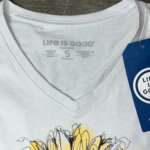 Life Is Good Beige V Neck Yellow Flower Long Sleeve Shirt NWT Small Graphic - Picture 4 of 6